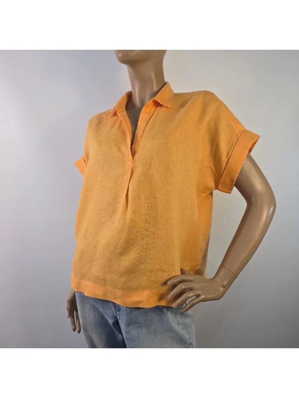 Chicos Orange Linen Short Sleeve Blouse Top Split Neck US 4 Chico's Size 0